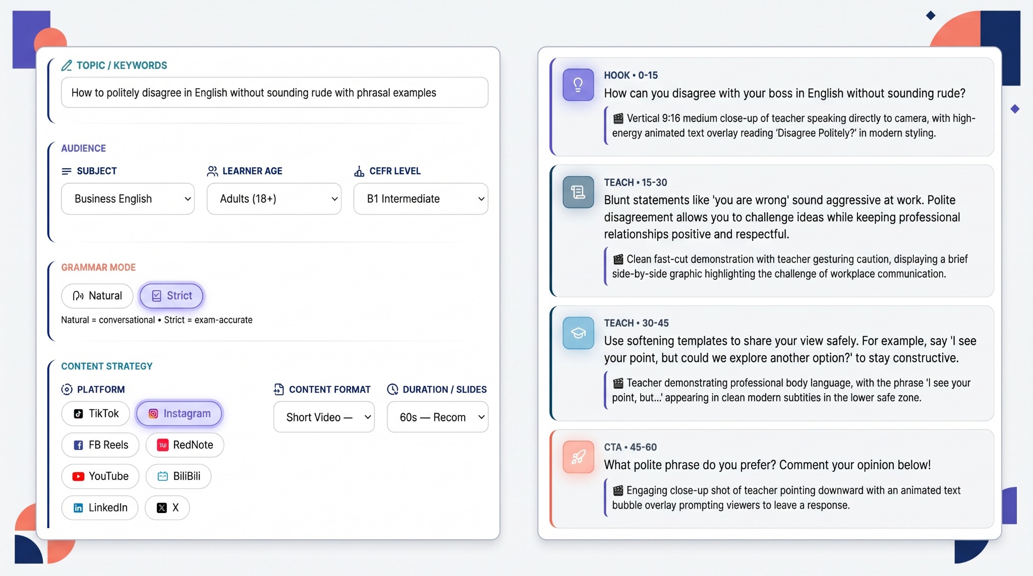 TeacherFly Create workspace and generated content pack shown side by side