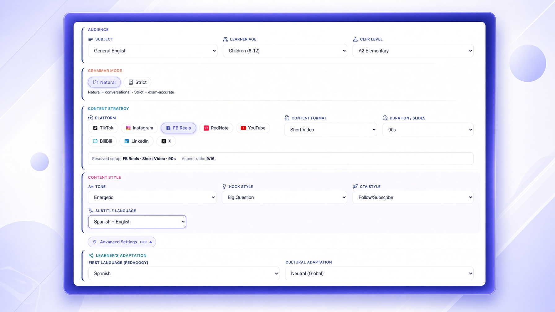 TeacherFly audience, CEFR, platform and content settings screen